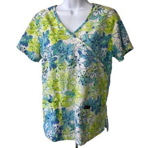 Actual Scrub Top Women Size S White with Blue Green Flowers V neck Pockets